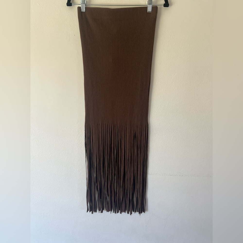 She + Sky Chocolate Brown Ribbed Pull-On Fringe Midi Skirt‎ Size Medium NWT